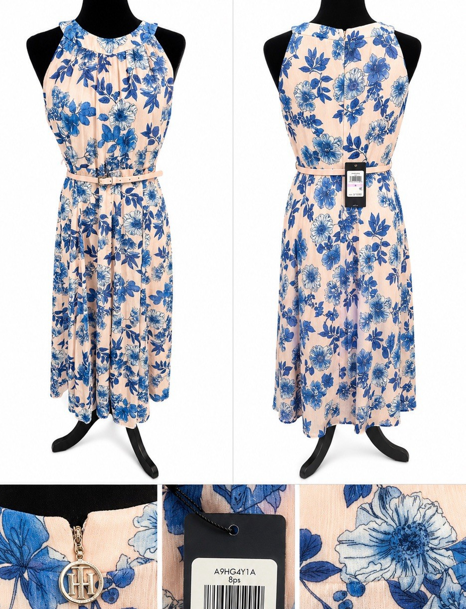 Tommy Hilfiger Fit & Flare Midi Dress Sleeveless Floral Belt Zip Size 6