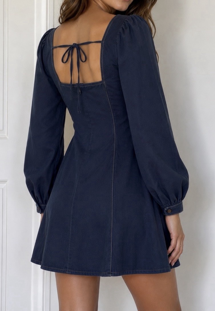 DArk~ Blue Denim Square Neck Puff Sleeve Mini Dress. None Stretch M