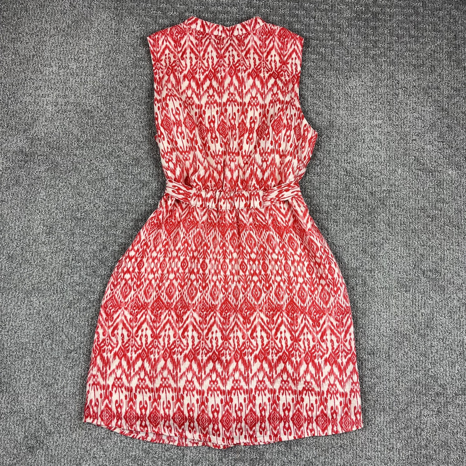 Cynthia Rowley Dress Womens 6 Red White Ikat Linen Sleeveless Belted Pockets