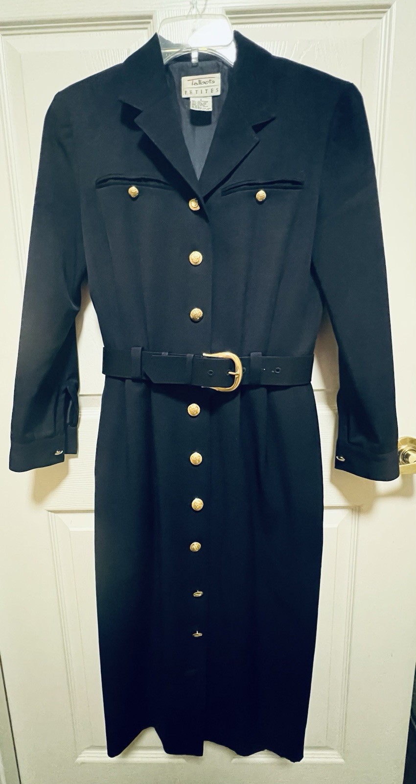 Talbots Vintage Petite Women’s 6 Navy Wool Shirt Dress Button Belt Lined