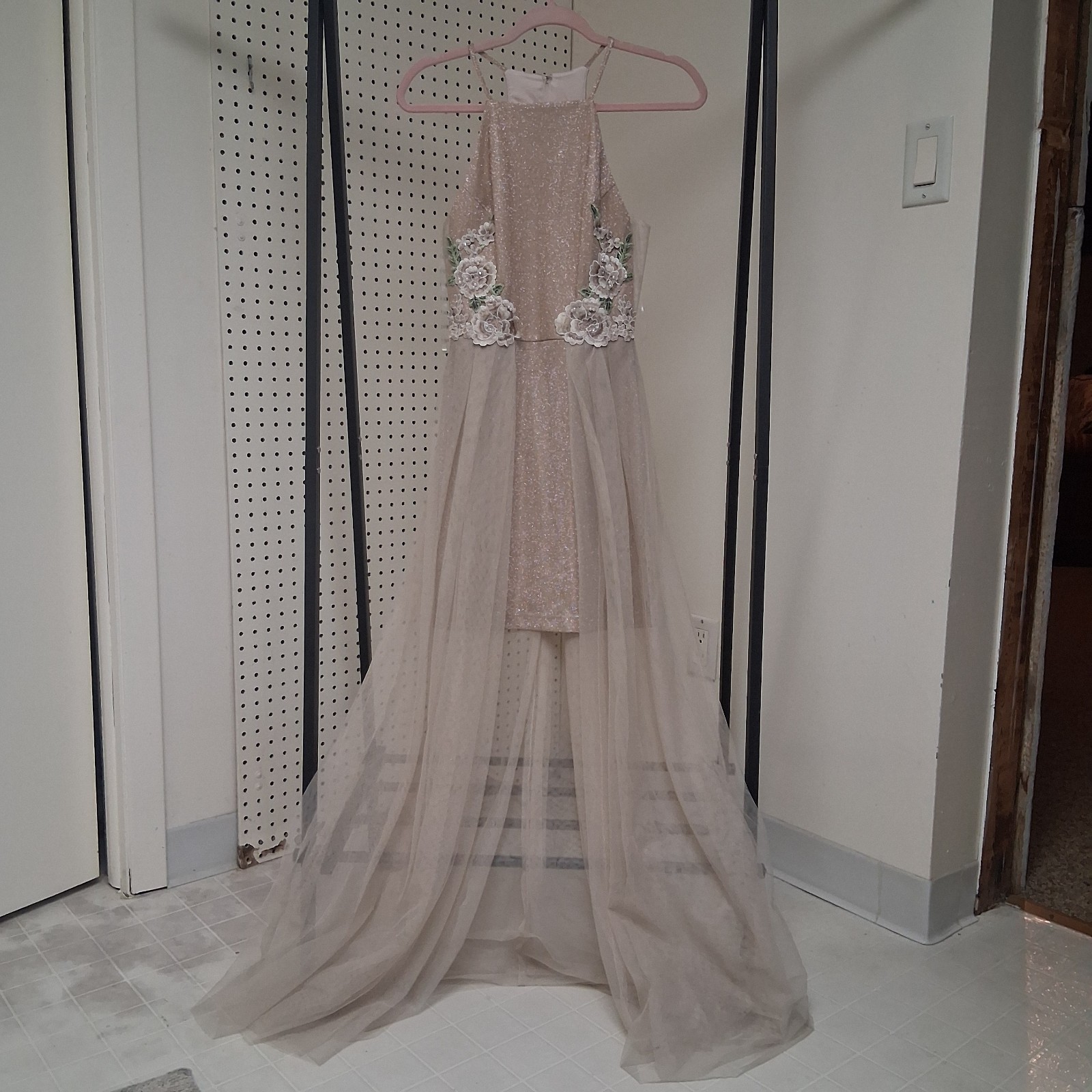 Bridesmaid Gown Sz 5/6 Nude Champagne Floral Tulle Prom Formal Dress Sheer Mesh