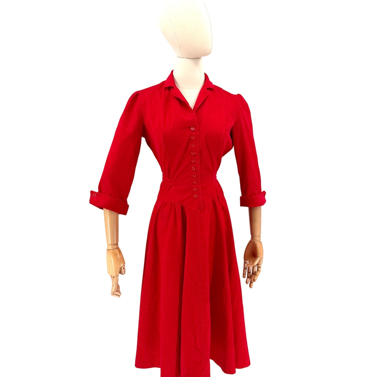 Vintage 80s Avon Fashions Red Corduroy Sweetheart Bodice Dress