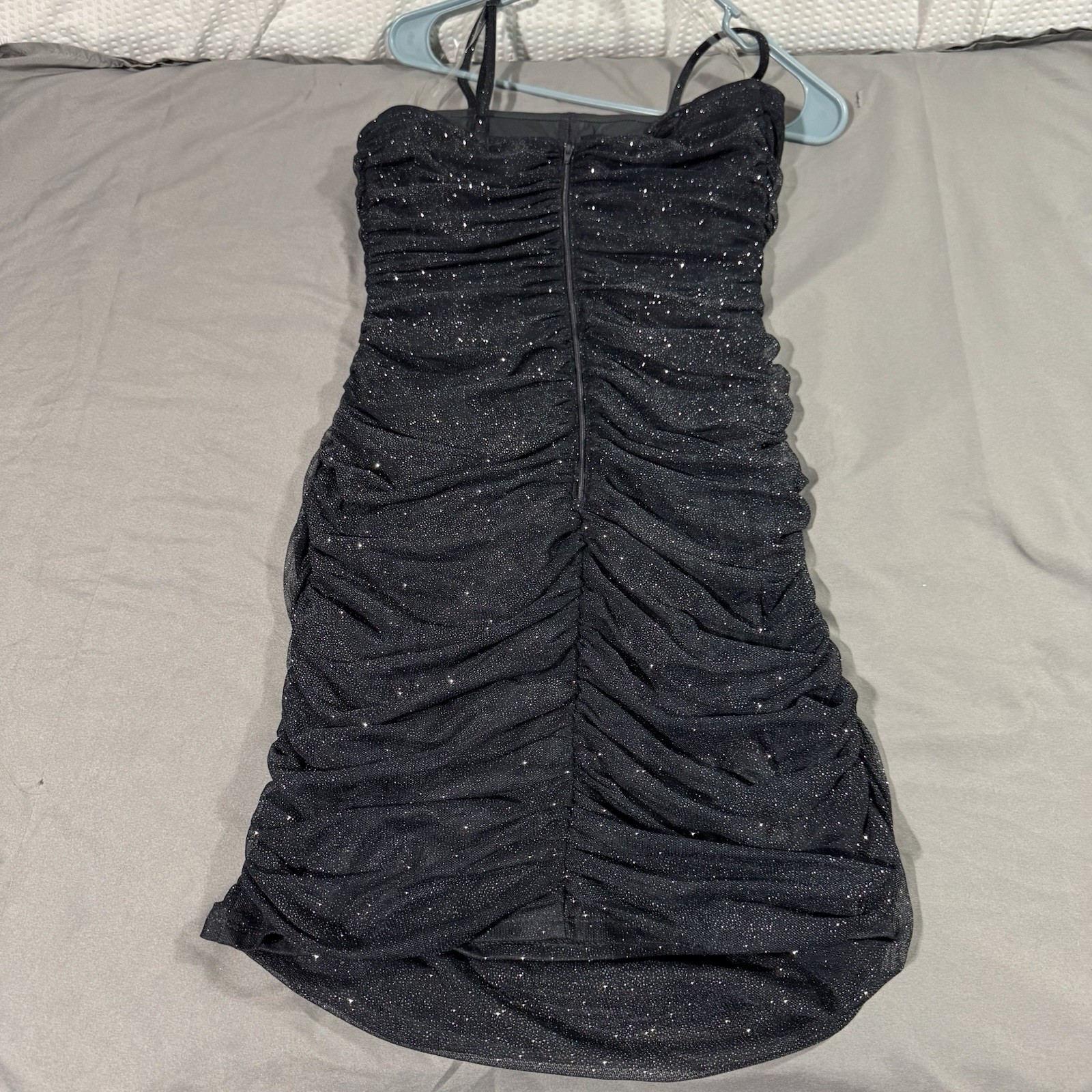 Pear Culture Ruched Glitter Tube Dress Stretch Sz L Lined Straps Black Silver