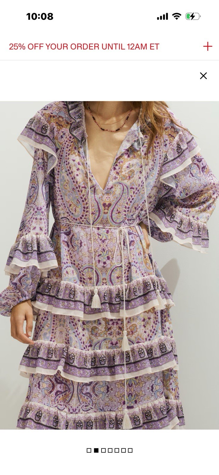 H&M Light Beige Paisley Boho Flounced Tunic Dress Ruffle Tiered Long Sleeve