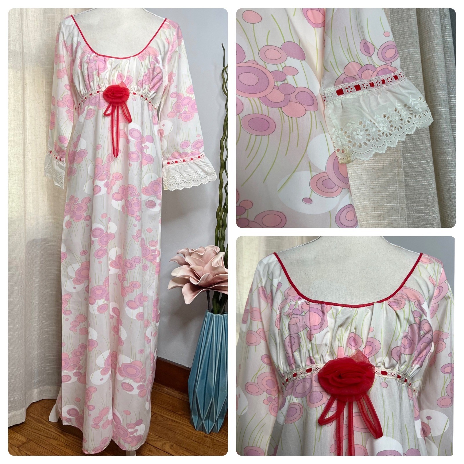 50s 60s Vintage Floral Pink Maxi Dress Nightgown Red Rosette Lace Women’s Small