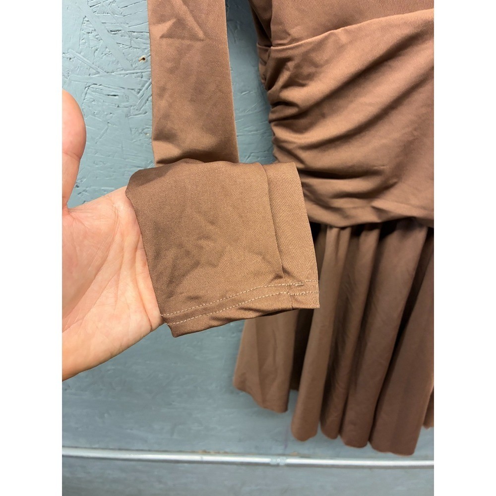 Micas Mini Dress Women’s Large Long Sleeve V-Neck Brown Ruched Waist Fit Flare