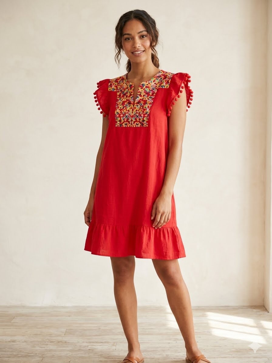 Kirundo Embroidered Boho Mini Dress Red Pom Pom Flutter Sleeve Ruffle Hem Size L