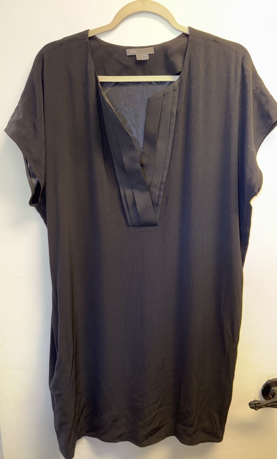 Vince Dress Pleat Front V-Neck Easy Casual Langenlook Large Black Viscose Silk