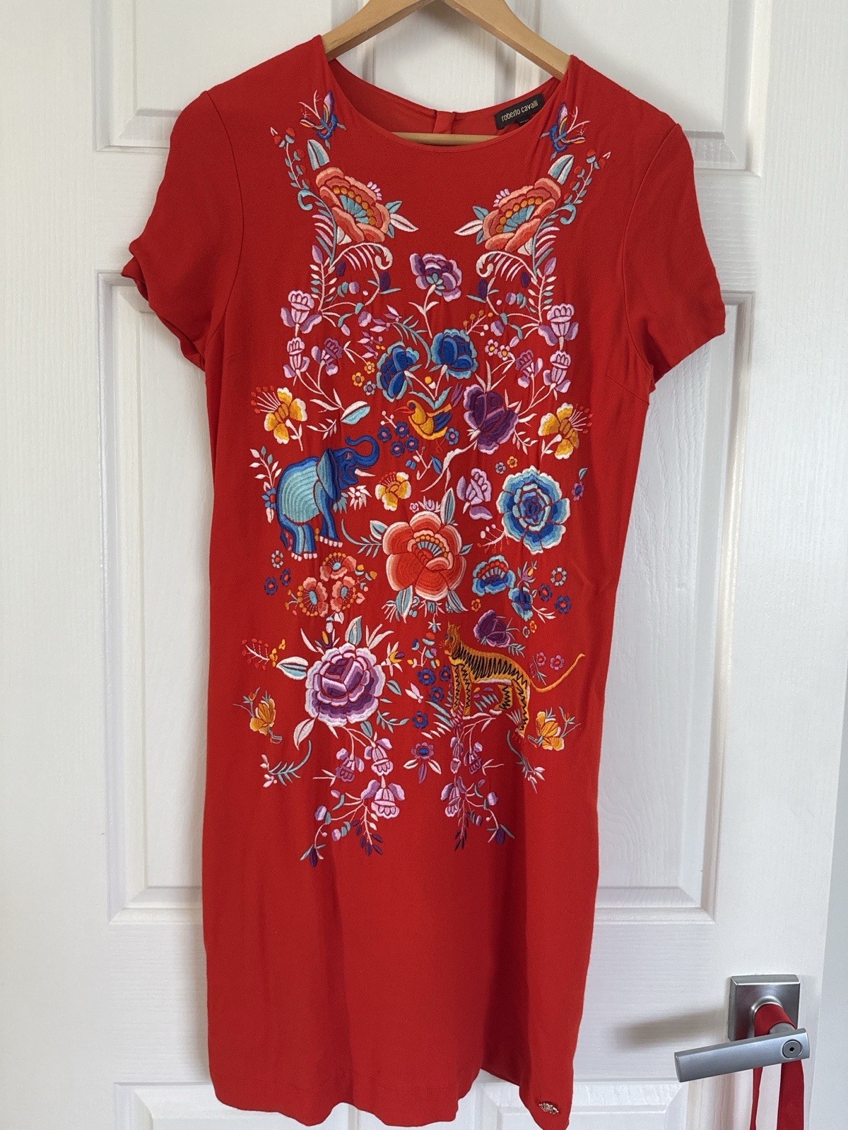 Roberto Cavalli Womens Dress M Red Embroidered Floral Animal Motif