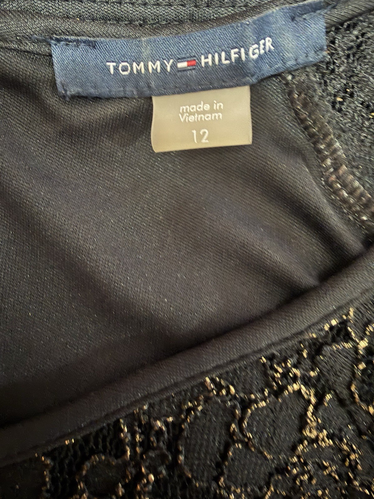 Tommy Hilfiger Black Gold Metallic Lace A-Line Dress Women’s Size 12 Long Sleeve