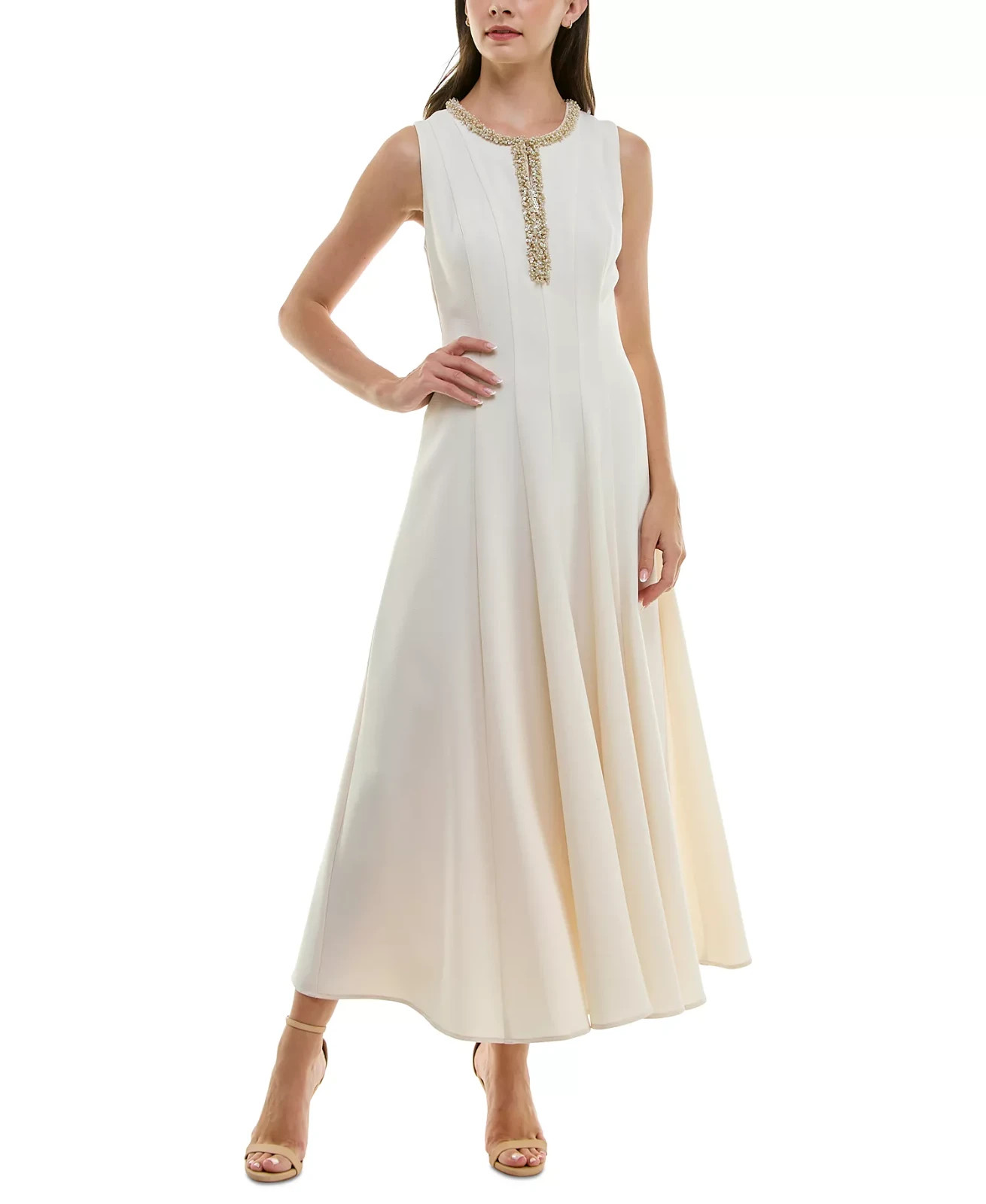 Taylor Embellished Fit & Flare Dress Women’s 4 Ecru Sleeveless Back Zip Closure