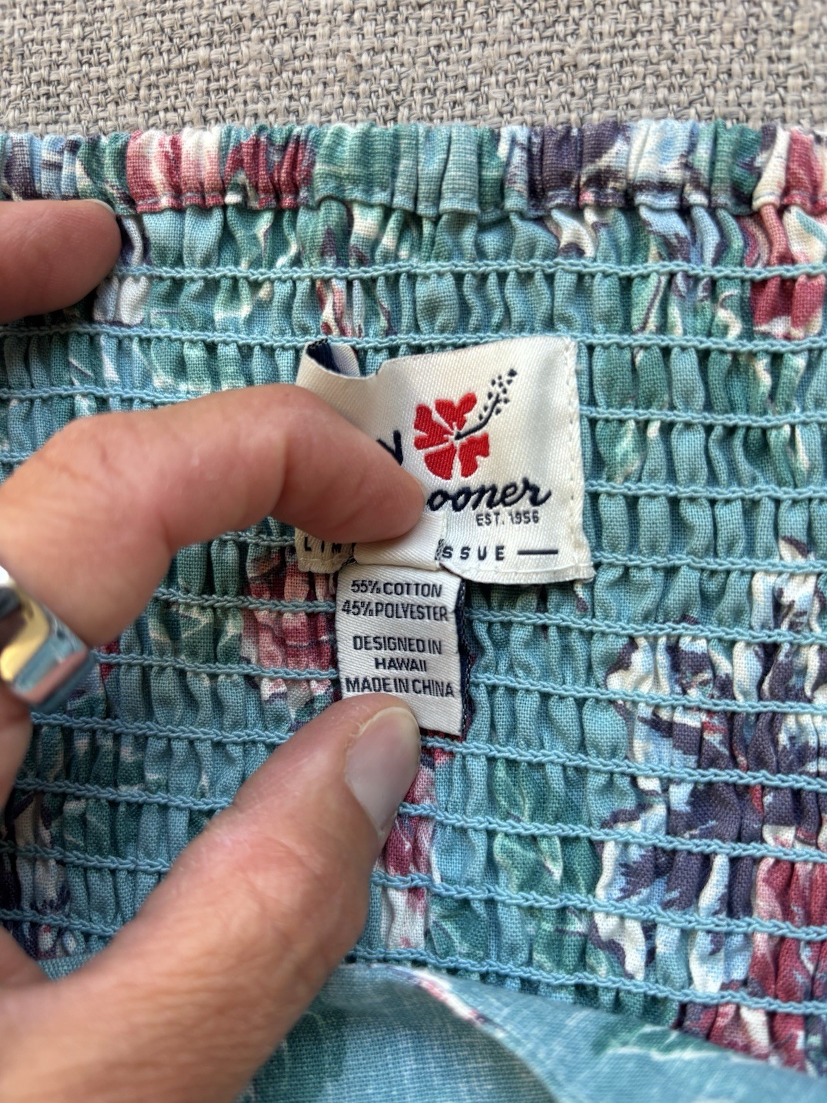 Reyn Spooner Limited Issue Floral Tank Sheath Dress Teal Smocked Back Pockets 16