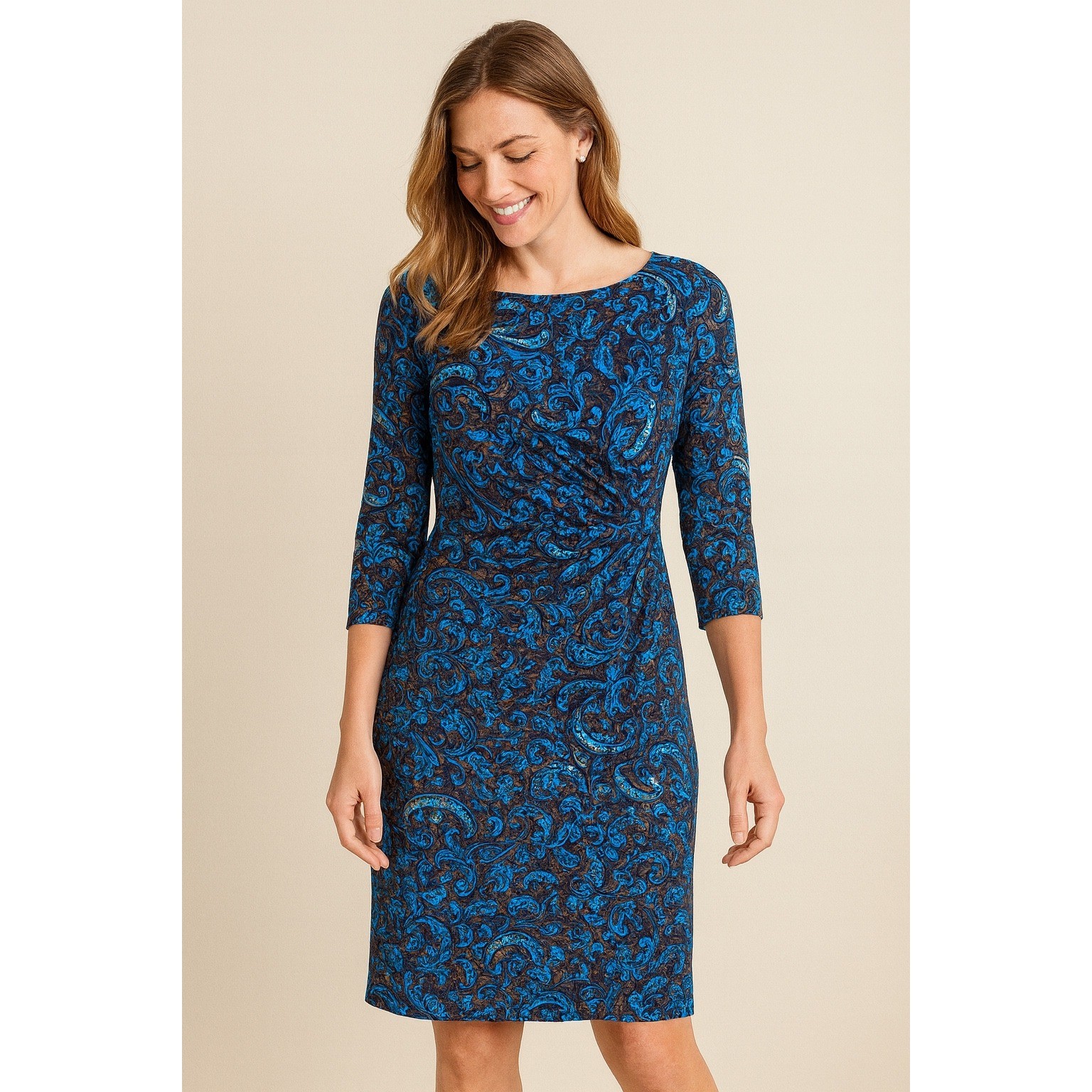 Talbots Blue Paisley Ruched Faux Wrap Sheath Dress – M Classic Workwear Elegance
