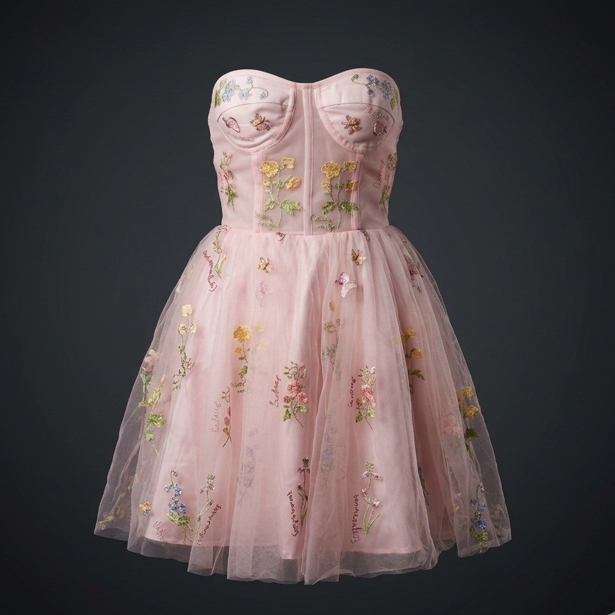 Romantic Embroidered Floral Tulle Mini Dress Fairycore Lace-Up Corset Back Small