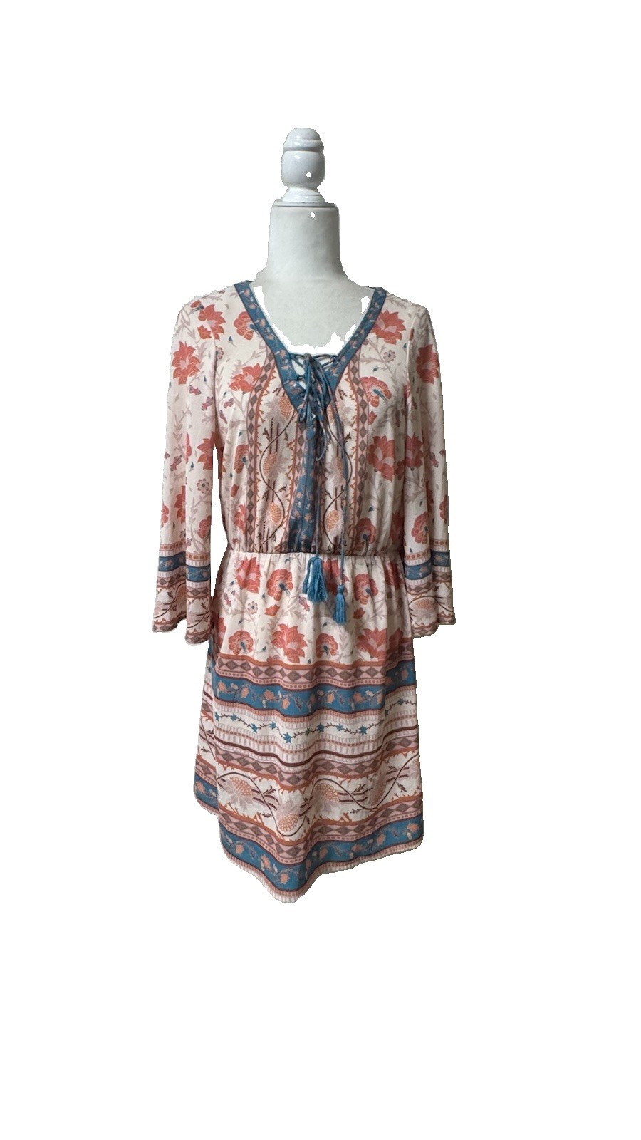 Flying Tomato aztec Tribal boho smocked waist lace up medoum dress