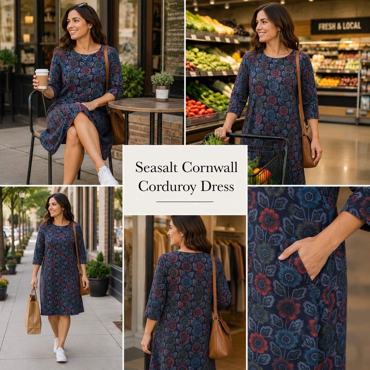 Seasalt Cornwall West Pentire Dress Navy Blue Floral Corduroy Shift Size 10 US
