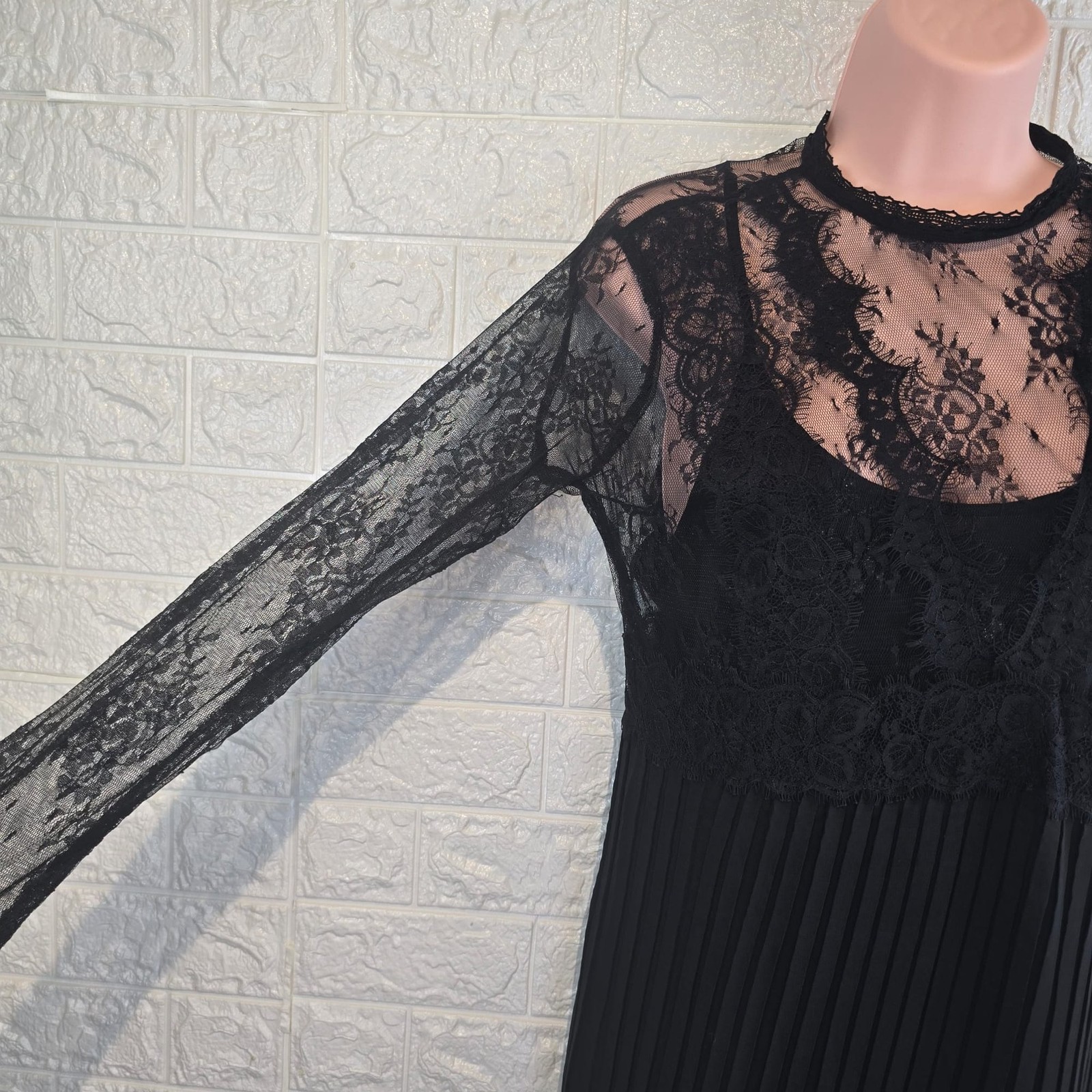 Zara Black Lace Pleated Mini Dress Sheer Long Sleeve Gothic Party Evening Size M