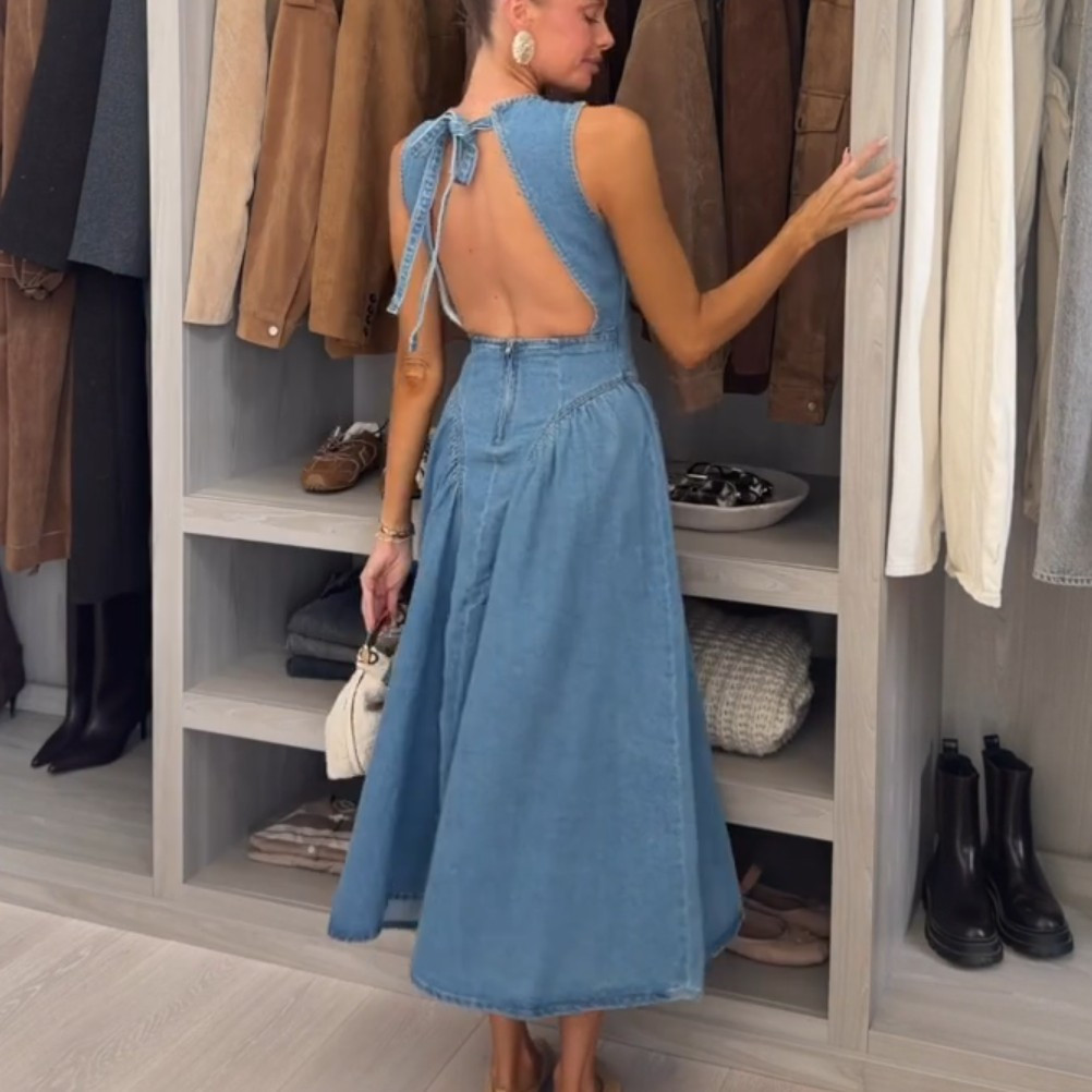 NWT H&M Open-back 100% Cotton Denim Dress Denim Blue 1310170003 Sizes M, XL