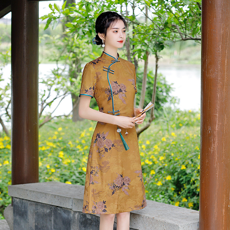 Lady Cheongsam Qipao Dress Knee Length Jacquard Floral Tassel Frog Button Ethnic