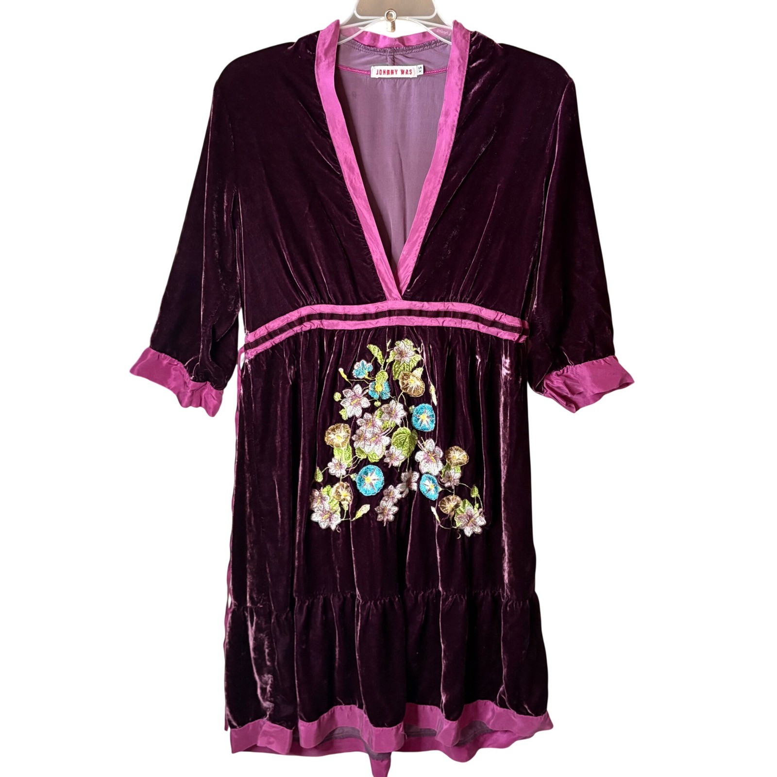 Johnny Was Velvet Mini Dress Womens XS Purple Silk Blend Floral Embroidered