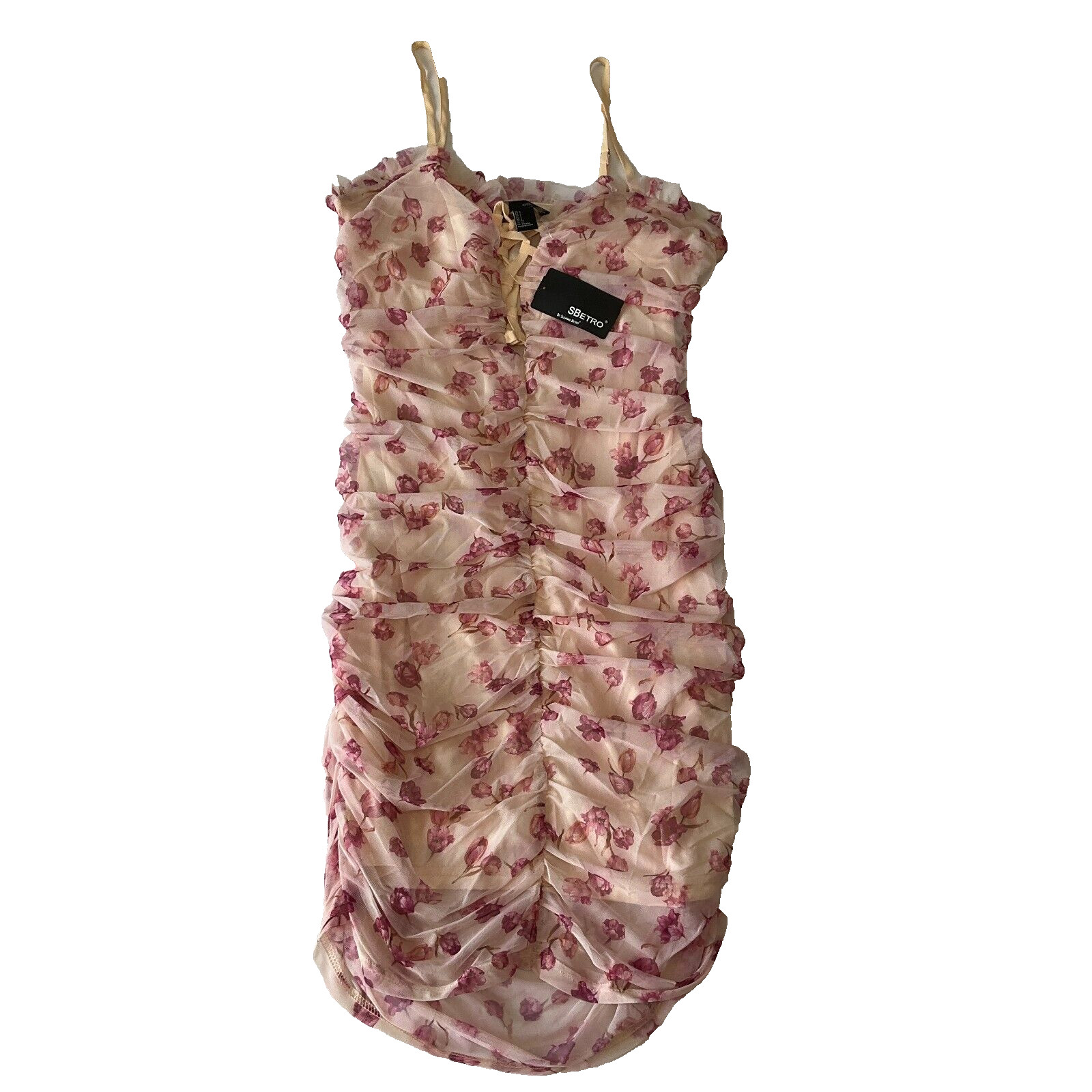 S Betro Mini Bodycon Dress Womens Size L Pink Floral Lined Straps Stretch Ruched