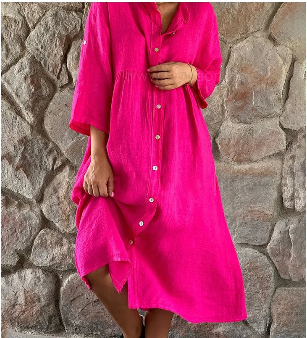 Loose Linen Cotton Shirt Dress Women 3/4 Sleeve Beach Kaftan Casual Sundress