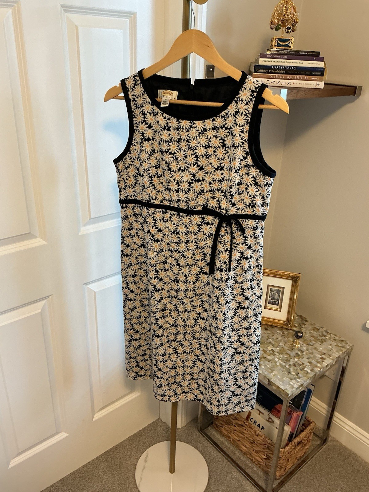 Talbots Women’s Petite 10 Black White Yellow Floral A-Line Scoop Neck Dress