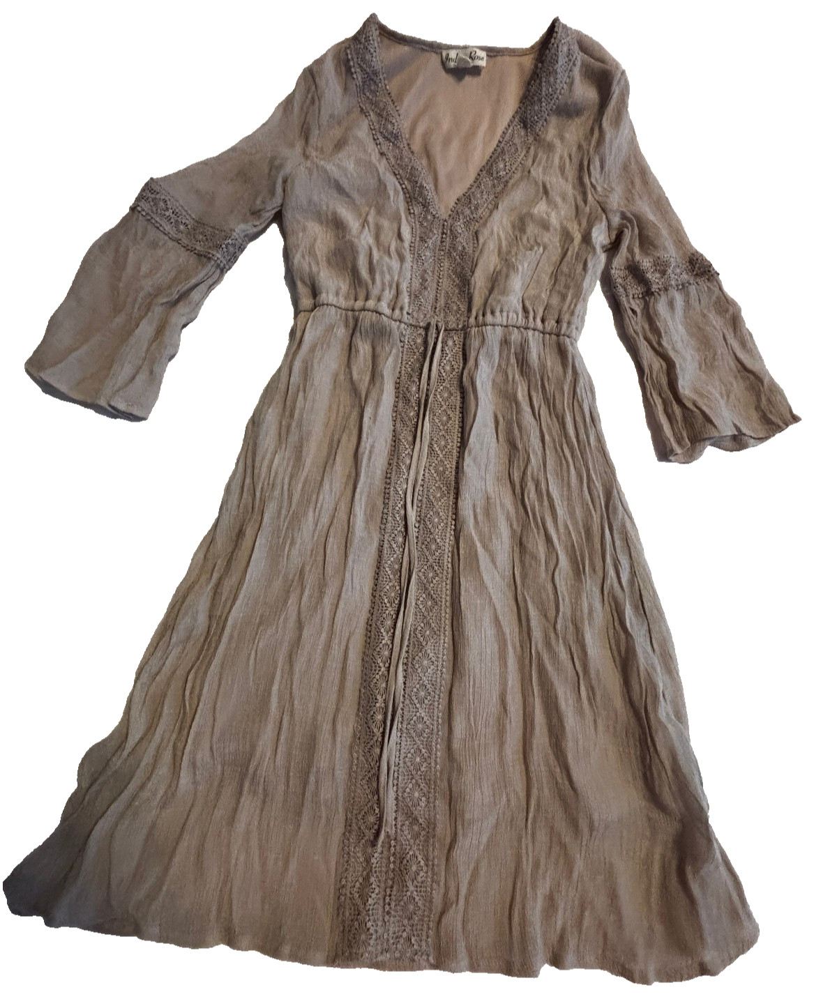 Peasant Dress Brown Crochet Boho Fairy Core Bohemian 3/4 Sleeve Layers Femme S