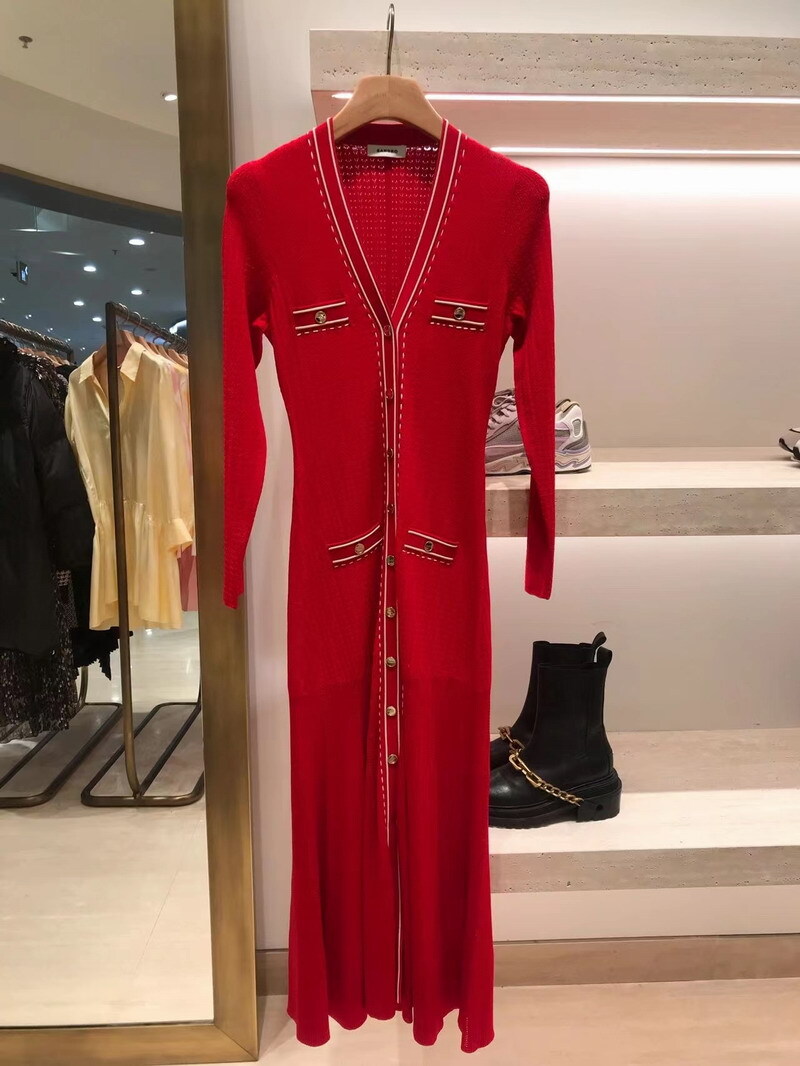 Sandro red V-neck knit slim-fit dress for Women