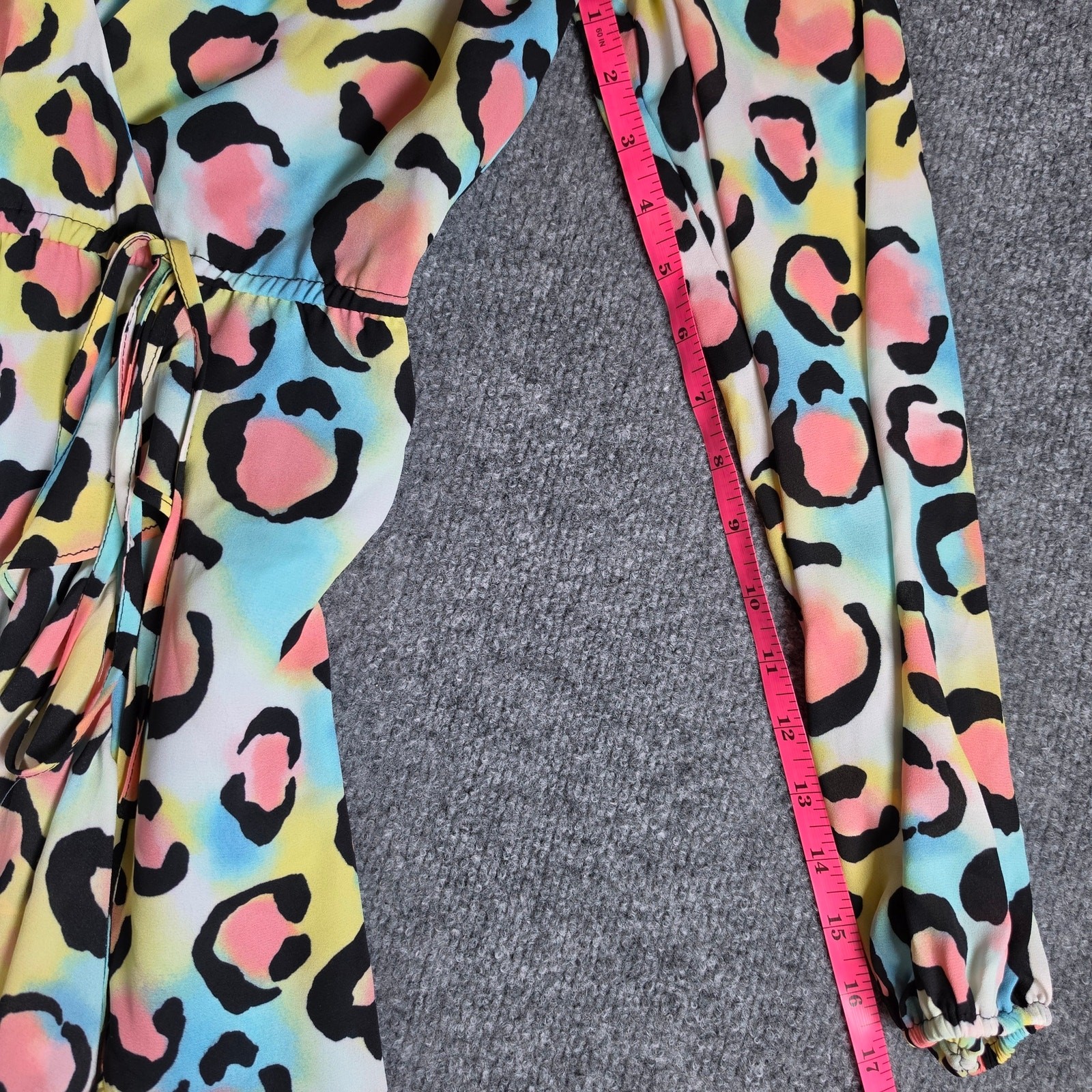New York & Company Pastel Leopard Dress Medium Faux Wrap High-Low Ruffle Multi M