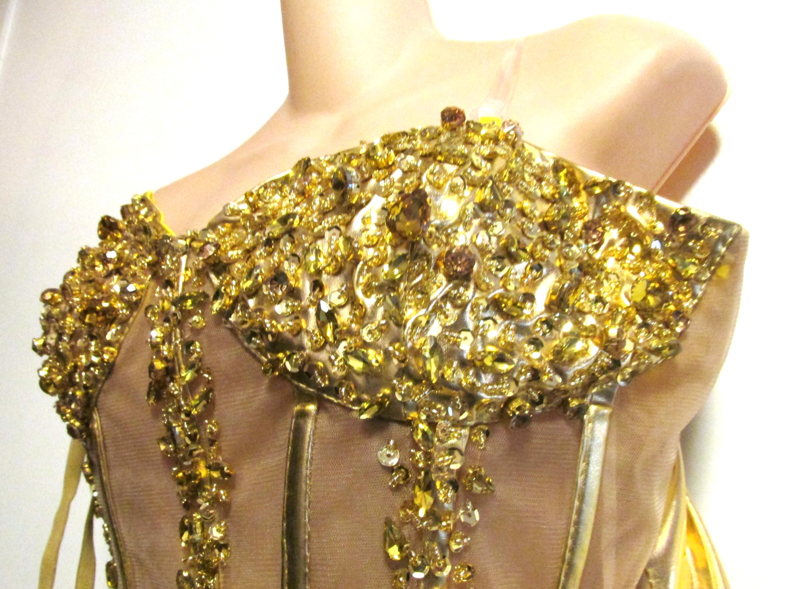 Showgirl Jeweled Tiara & Gold Beaded Mesh Corset Rhinestone Bodice Mini Dress- L