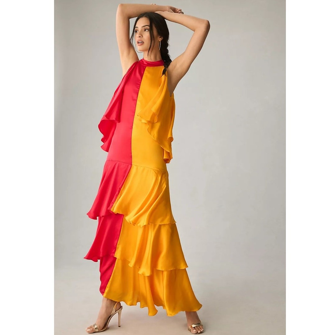 New Anthropologie x Pinnacle Mock-Neck Colorblock Ruffle Dress $248 Pink Yellow