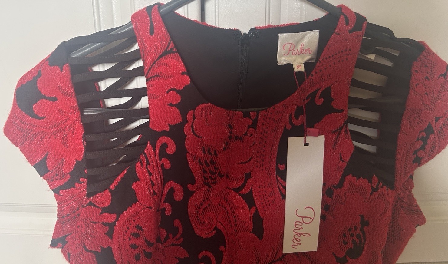 Parker NY Sz XS Red Black Baroque Short Sleeve Bodycon Mini Dress NWT $308