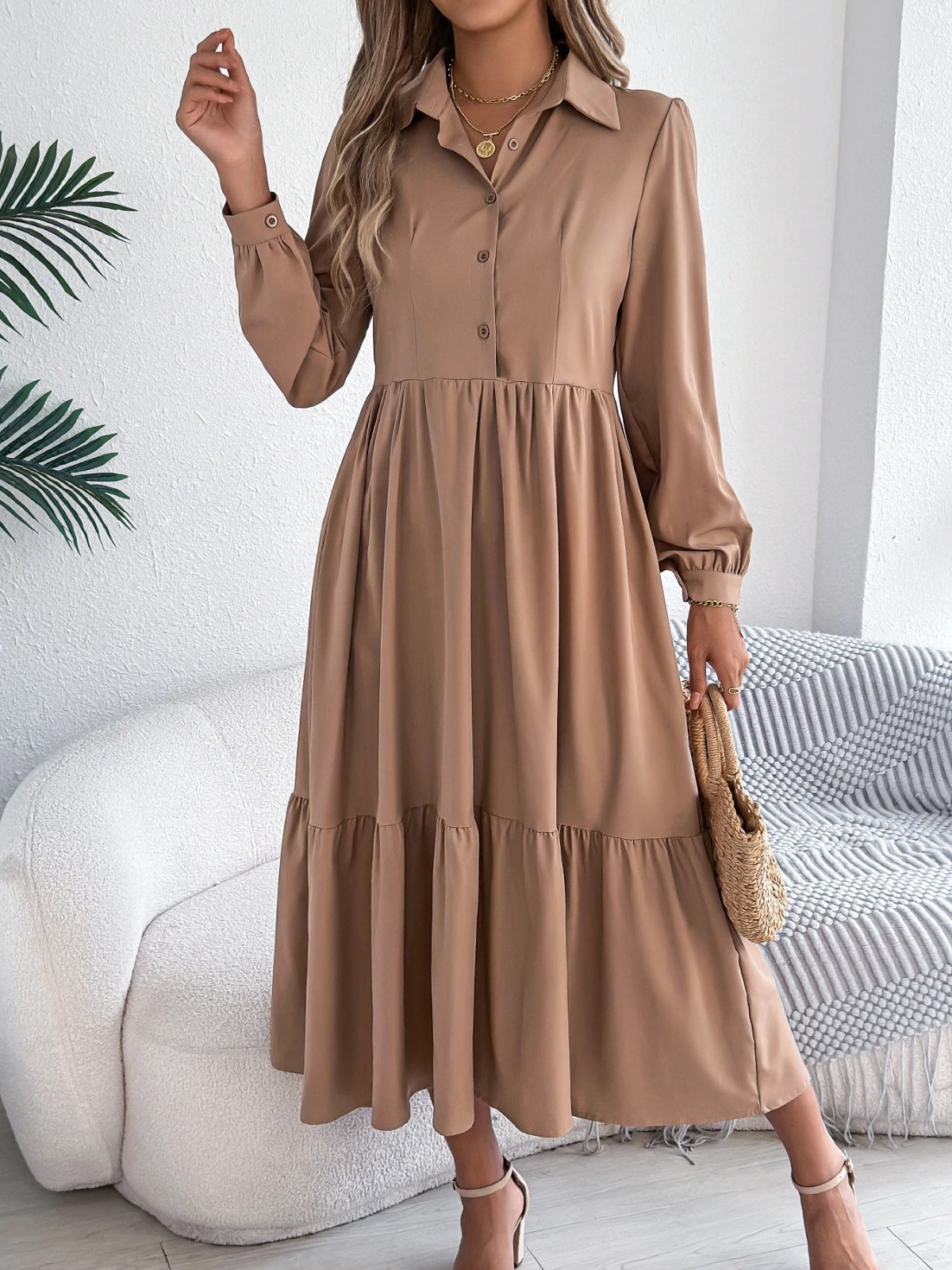 Casual Vacation Long Sleeved Turn-down Collar SingleBreasted Dress Spring Autum.