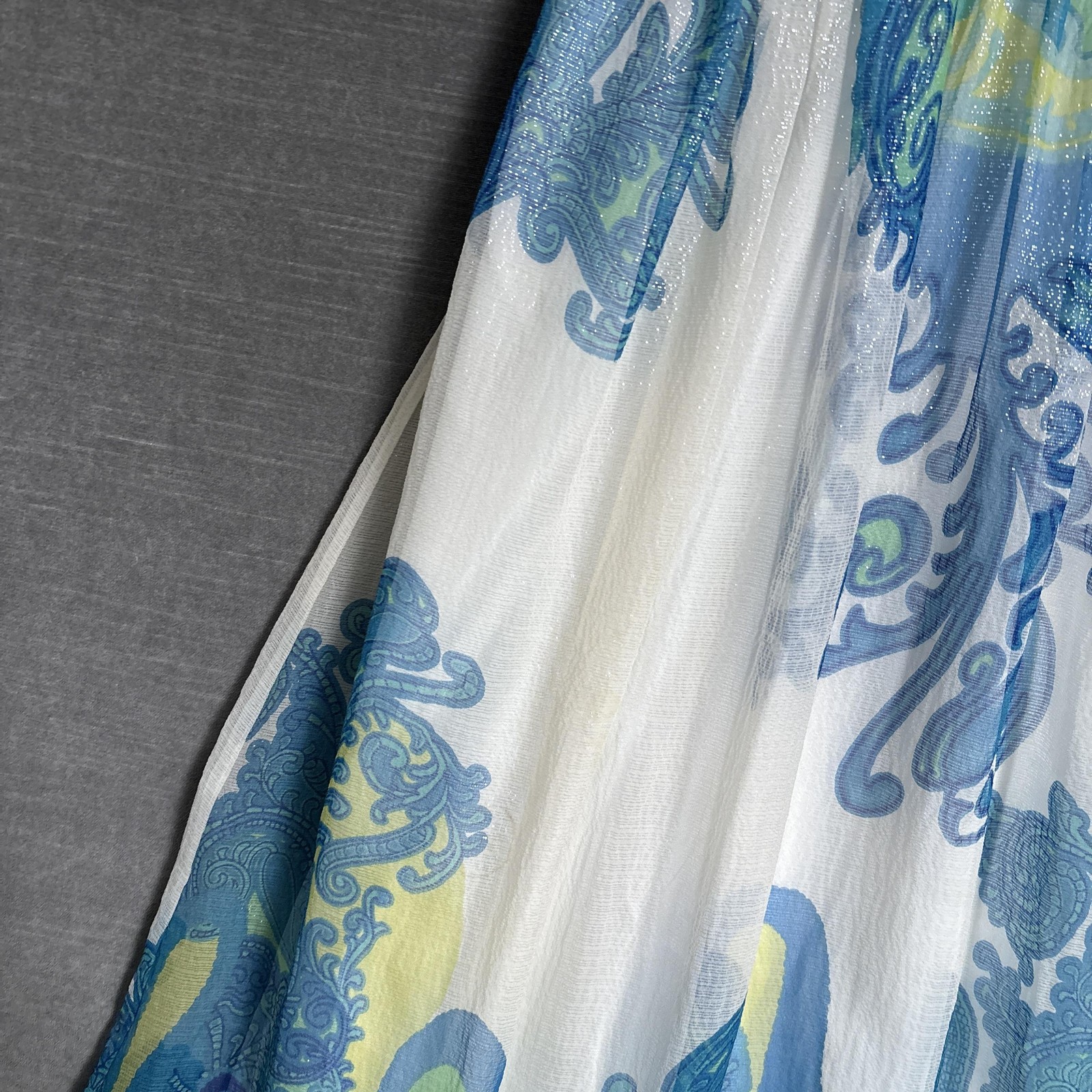 Vintage Cache Dress 4 Silk Blue Paisley Strapless Empire Maxi Boho Formal y2k