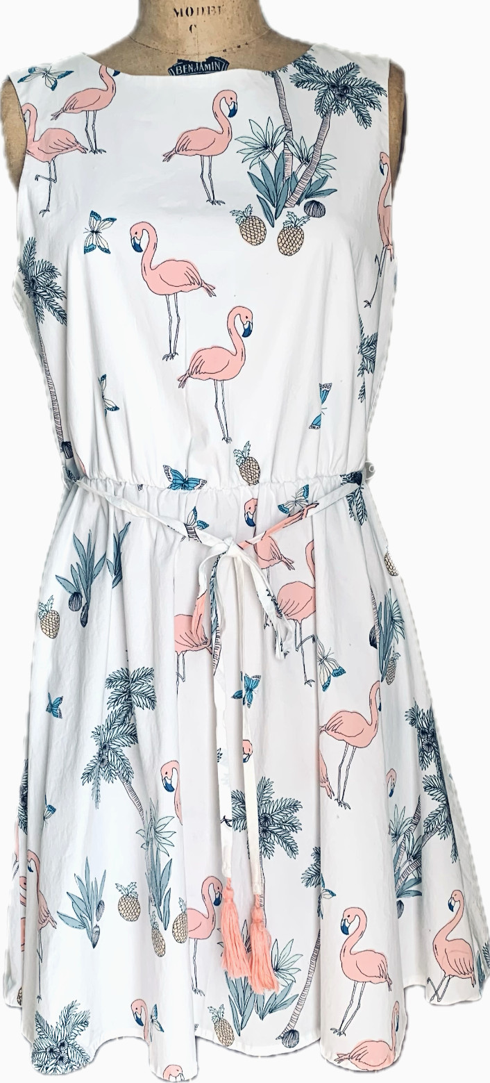 Bailey Blue Flamingo Cotton Dress L White Pink Tropical Palm Tree Keyhole Tassel