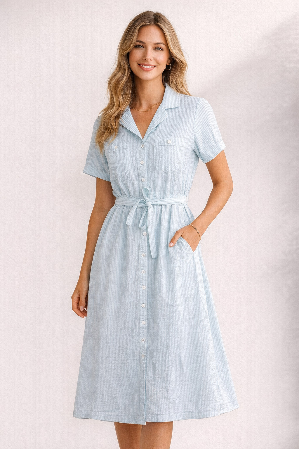 JG Hook Shirt Dress 10P Blue Seersucker Stripe Cotton Short Sleeve Midi Pockets