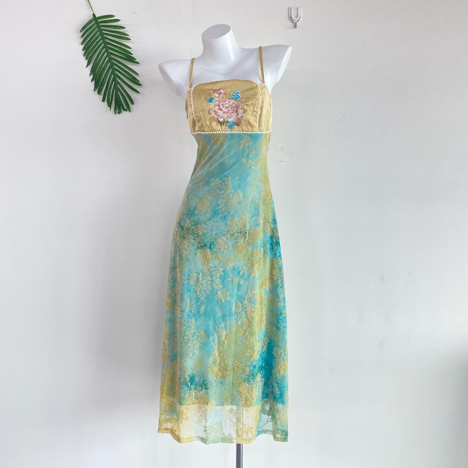 Floral Embroidered Slip Midi Dress 90s/Y2K Fairycore Style