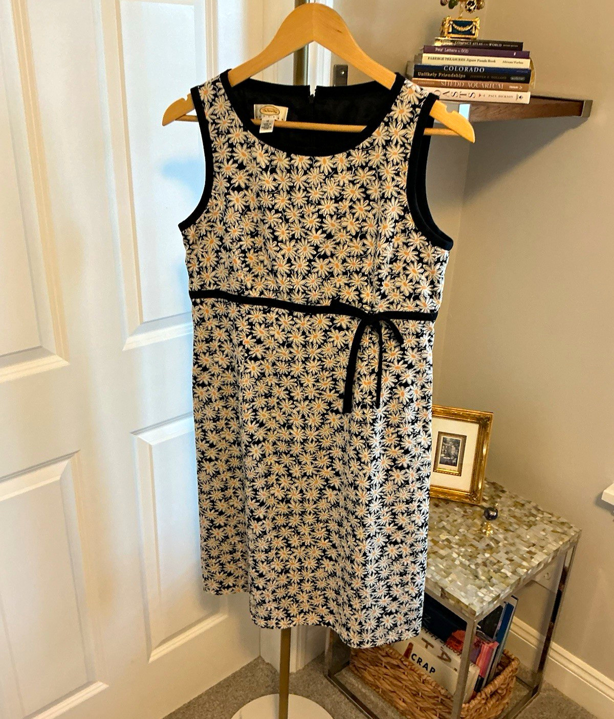 Talbots Women’s Petite 10 Black White Yellow Floral A-Line Scoop Neck Dress