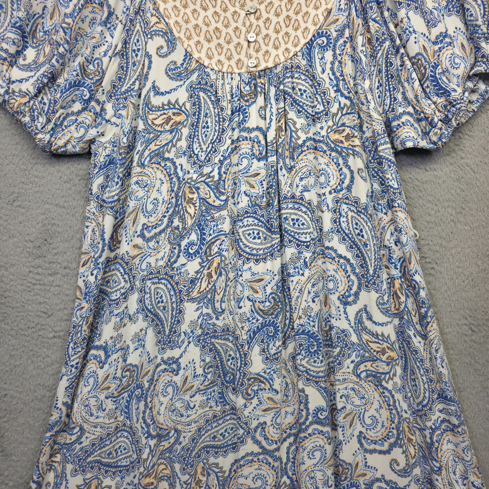 Lucky Brand Dress Womens M White Blue Puff Sleeve Paisley Flow Boho Tunic Short