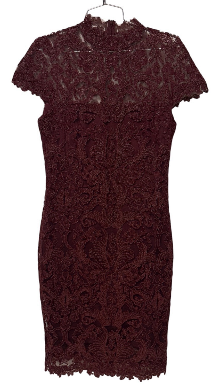 Tadashi Shoji Ella Lace Cocktail Dress Burgundy Blackberry Sheath Mock Neck