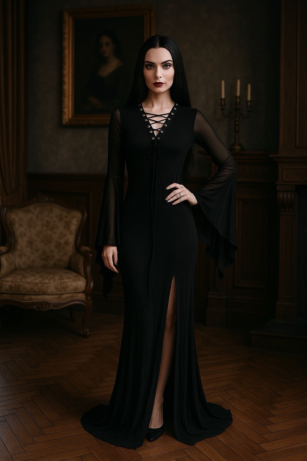 Long Maxi Dress S Bell Sleeve Gothic Witchy Romantic Dark Femme Costume Cosplay