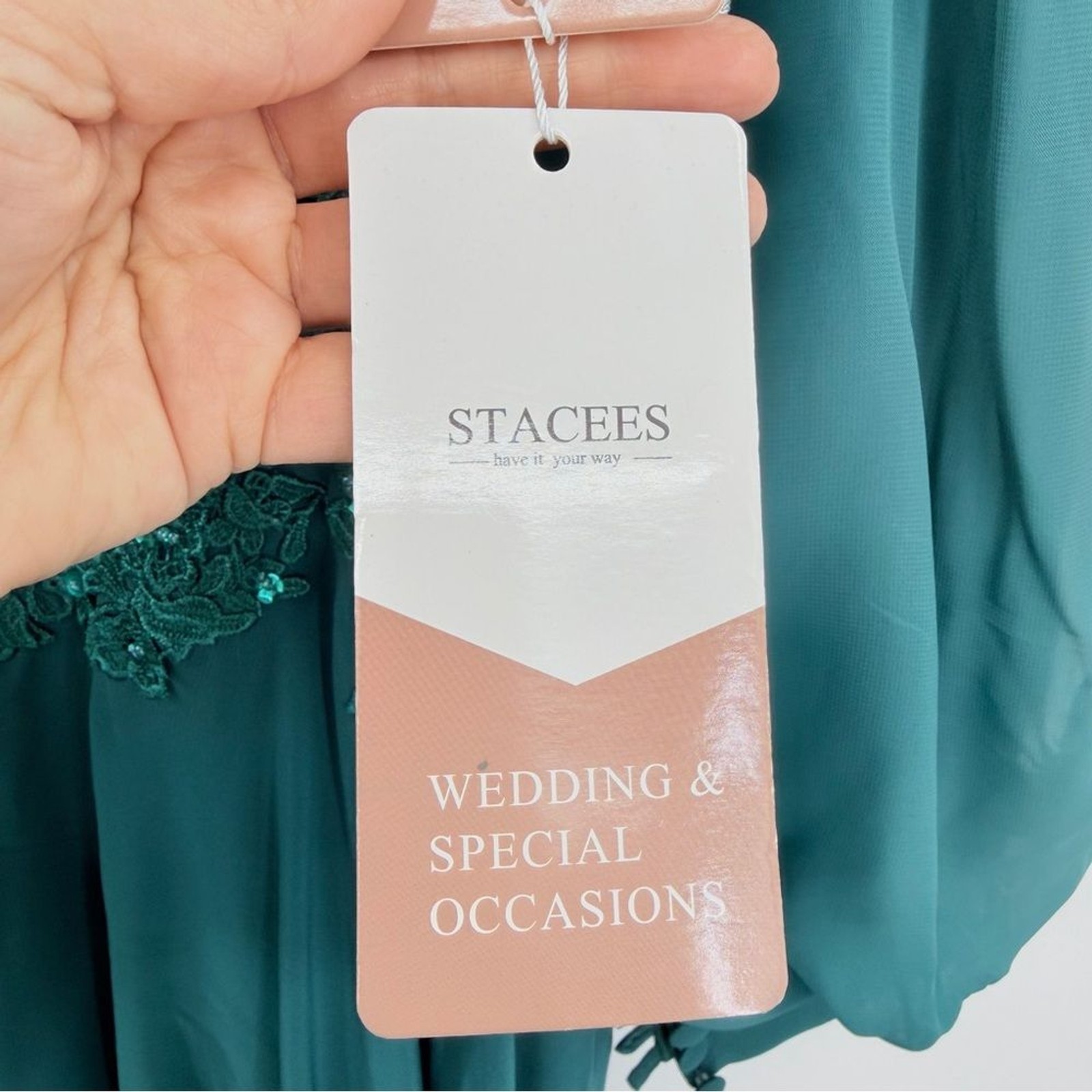 Stacees Teal Evening Wedding Gown with Mini Train Sparkly Bell Sleeve Size 10