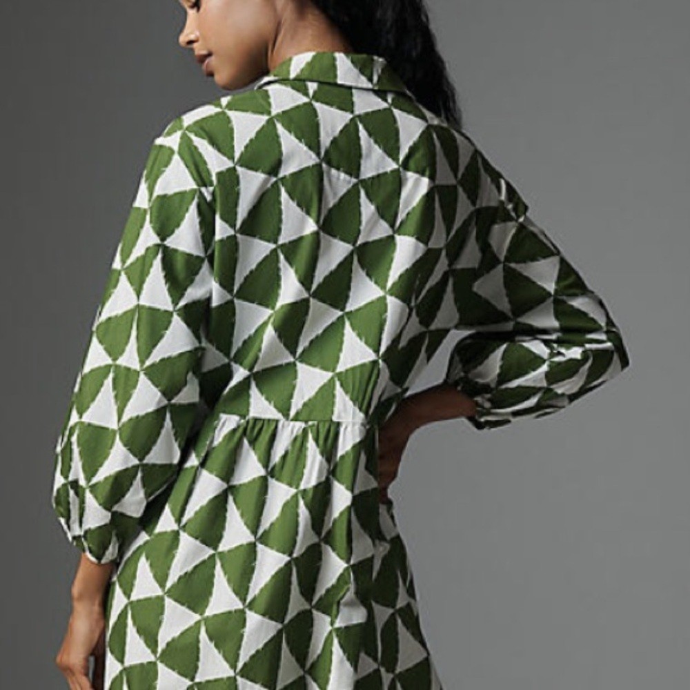The Bettina Tiered Shirt Dress by Maeve Color: Green & White Triangles