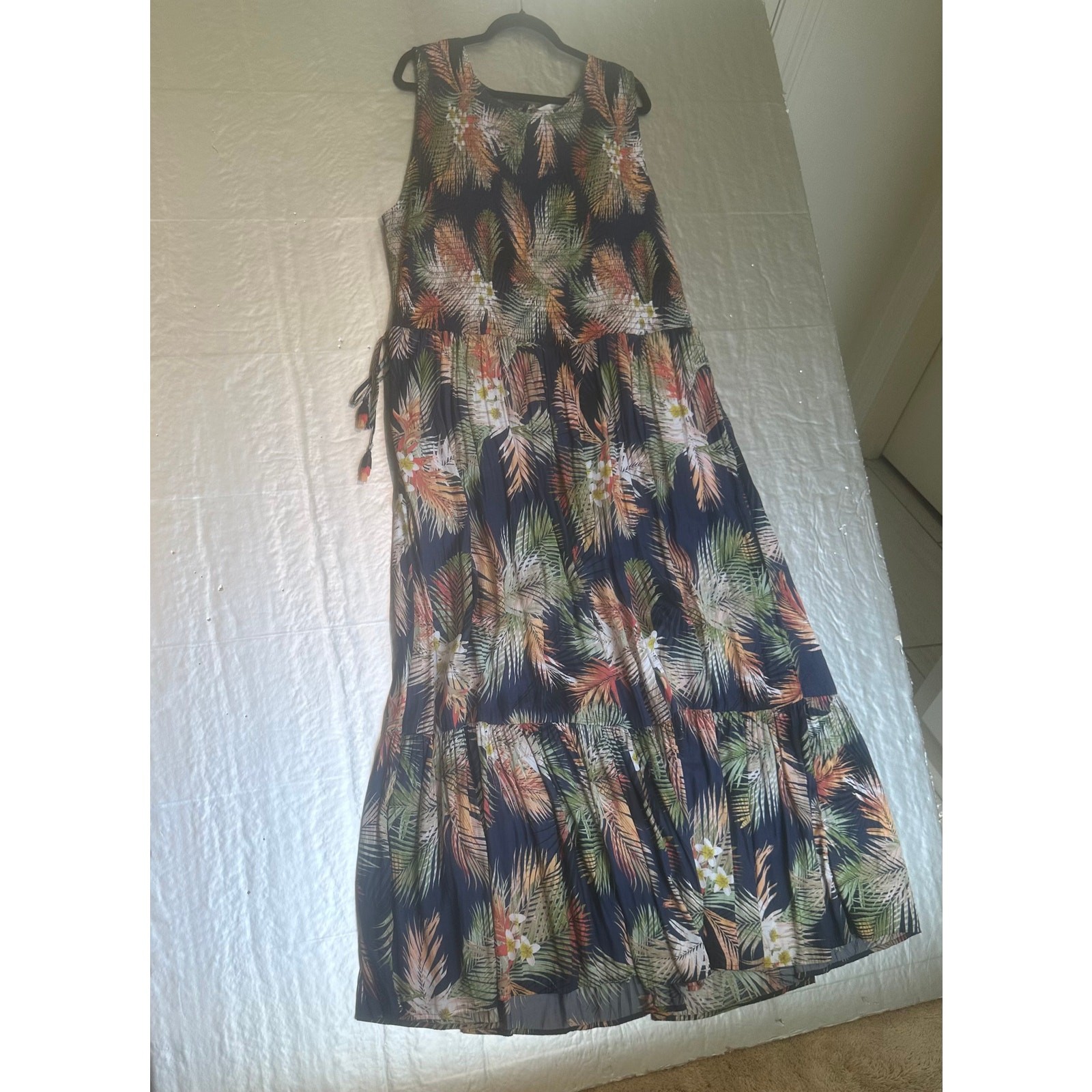 Terra & Sky Maxi Dress 3X Navy Tropical Palm Print Sleeveless Flowy Women