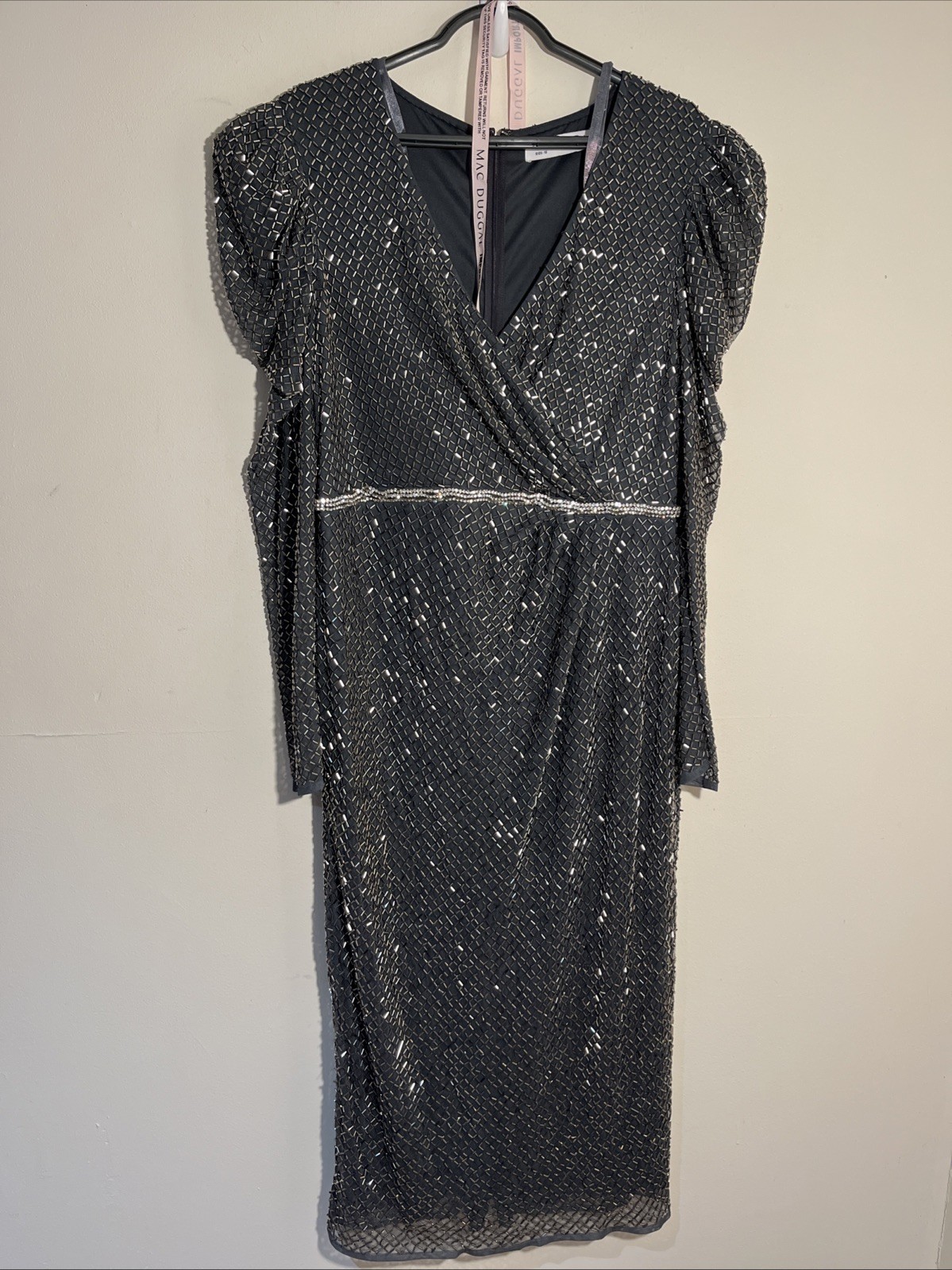mac duggal 12 Puff Sleeves Heavy Beaded Party Event Holiday Midi Dress Luxury