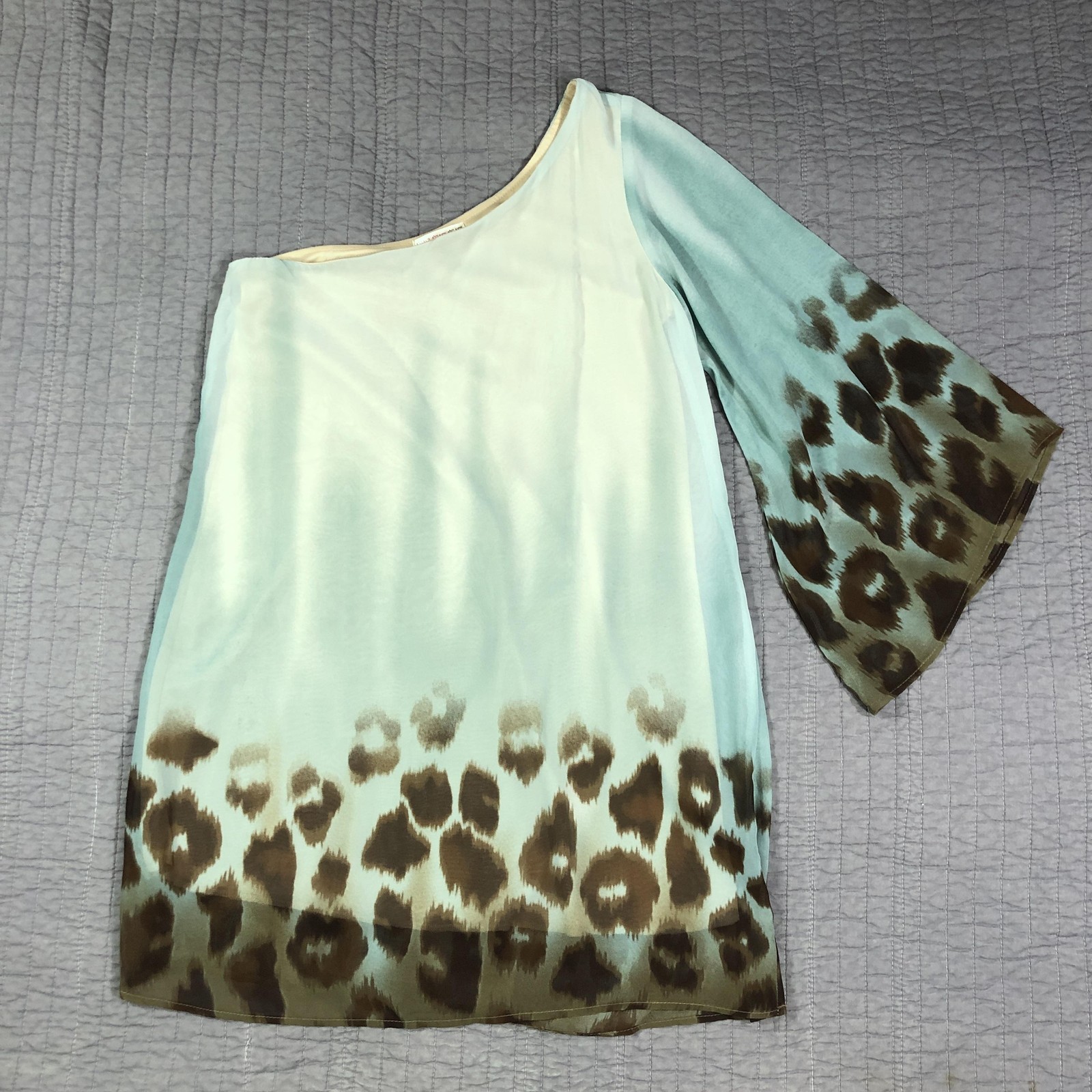Vintage AGACI Dress Women Medium Blue Chiffon Leopard One Shoulder Bell Sleeve