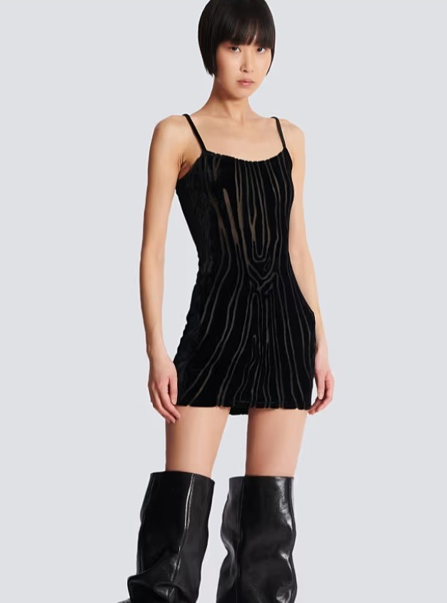Balmain Short Strappy Dress in Zebra-Print Velvet Black Size 3 NWT