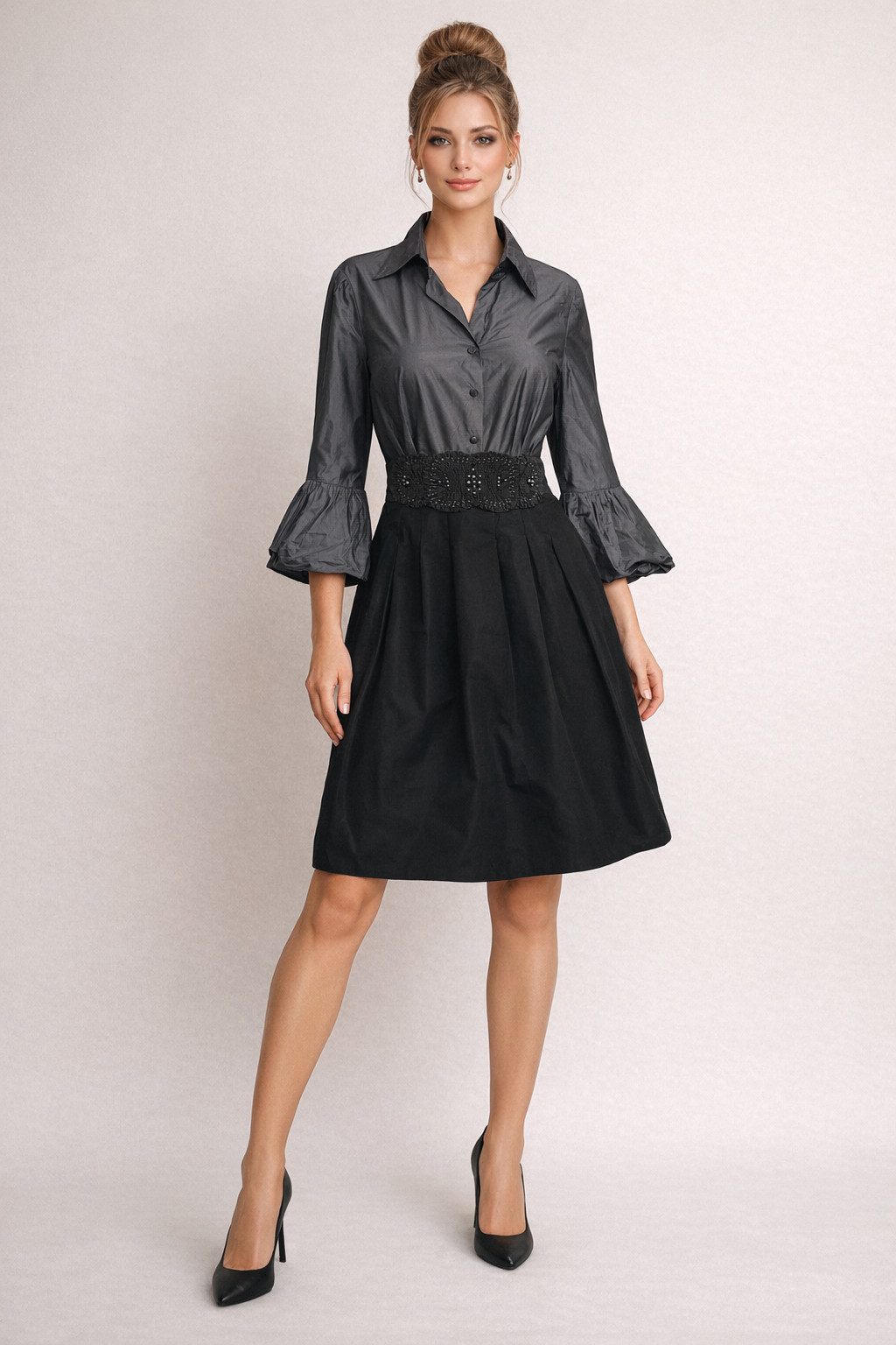 BCBGMAXAZRIA Dress Women Sz 8 Gray Black Pleated 3/4 Sleeves Chic Parisian