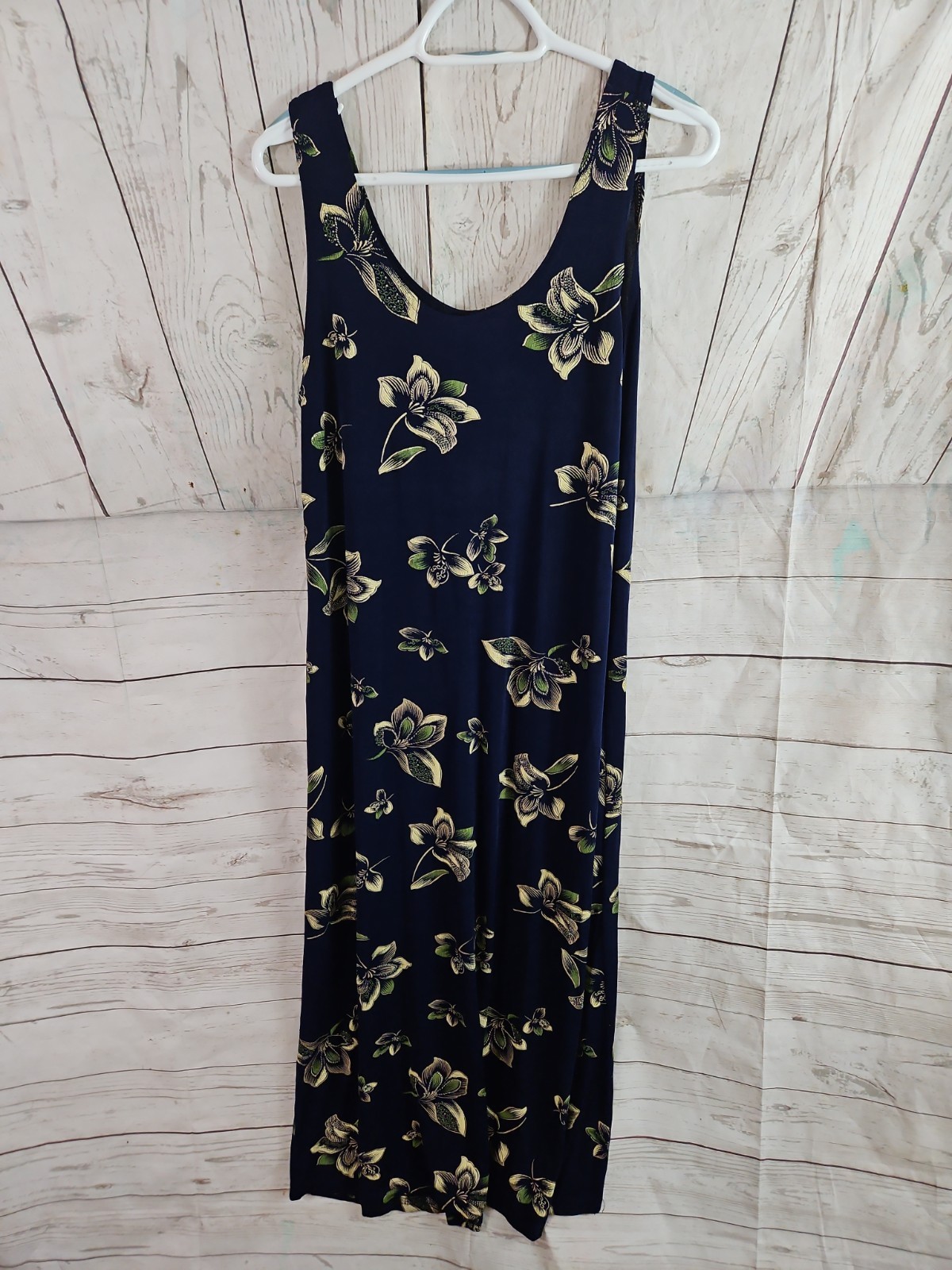 Vintage Jostar Size Large Navy Blue And Gold Floral Slinky Knit Tank Maxi Dress